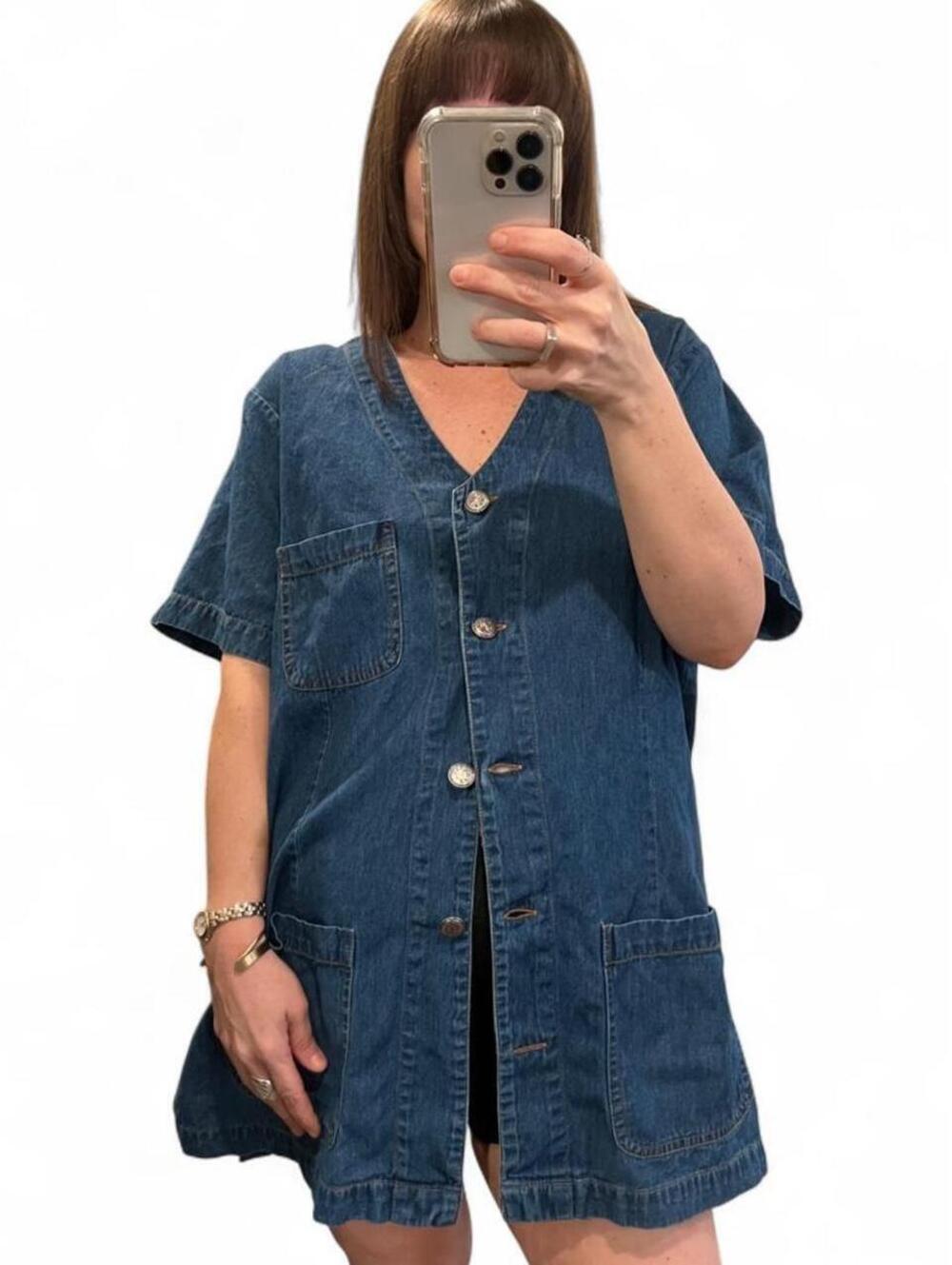 Vintage 90s Denim Utility Tunic Top Button Front Shirt Jacket